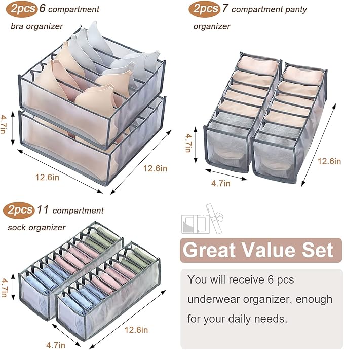 6 Pcs Underwear Drawer Organizer, Foldable Underwear Storage Divider Boxes 6/7/11 Cell Closet Clothing Organizers for Bras Panties Ties Socks Scarves Clothes