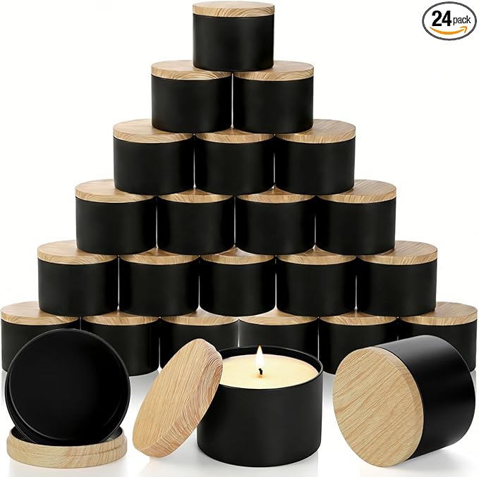 Pumtus 24 Pack 8 OZ Candle Tins, Matte Black Candle Container with Lids, Round Metal Jars for Making Candles, Bulk Empty Candle Vessel, Wax Mold Supplies, Gift Packaging Can for DIY, Storage, Gift