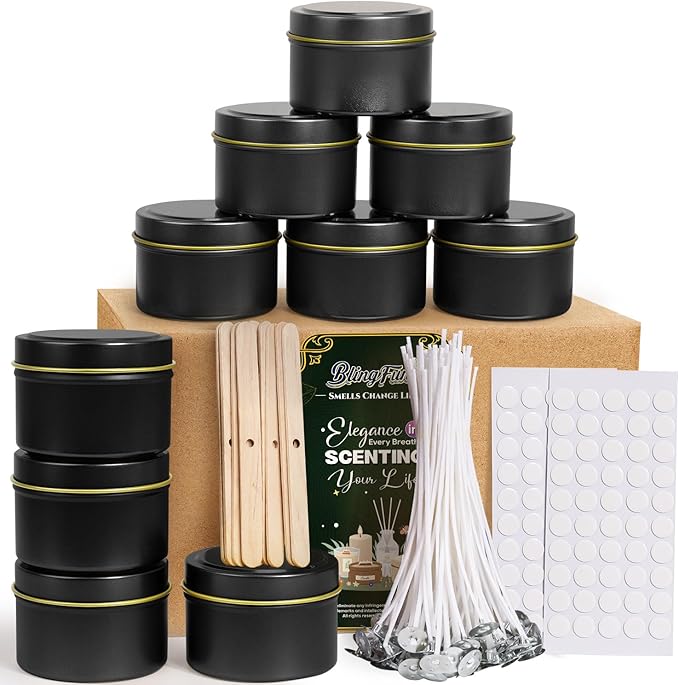 Blingfun 10 Packs 4 oz Candle Tins kit, Candle Making Tins, Candle Jars, 100pcs Candle Wicks, 100pcs Wick Stickers, Candle Containers for Making Candles(Black)