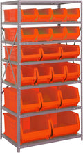 Quantum 2475-20-MIXRD Heavy Duty Modular Industrial Shelving Storage Rack Unit with (7) Shelves and Red Bins for Warehouse Healthcare | 400 lbs Capacity | 24"D x 36"L x 75"H, Galvanized Carbon Steel