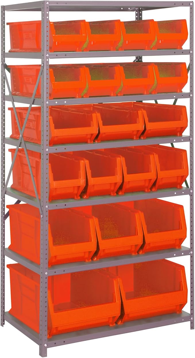 Quantum 2475-20-MIXRD Heavy Duty Modular Industrial Shelving Storage Rack Unit with (7) Shelves and Red Bins for Warehouse Healthcare | 400 lbs Capacity | 24"D x 36"L x 75"H, Galvanized Carbon Steel
