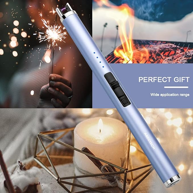 ARECTECH Rechargeable Electric Candle Lighter, Christmas Stocking Stuffers Gifts for Mom Men Wife, Arc Plasma Windproof Lighter for Candle Kitchen Birthday with Type-C Cable, Blue 2 Pack
