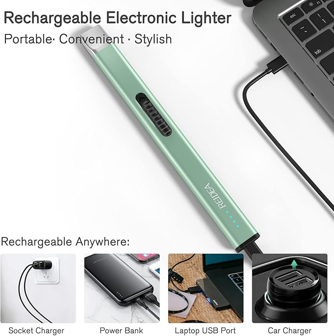REIDEA Electric Lighter for Candle Lovers, Windproof Flameless USB Rechargeable Arc Lighter with Safe Button and Power Indicator for Candle, BBQ and Fireworks, R1, Mint Green