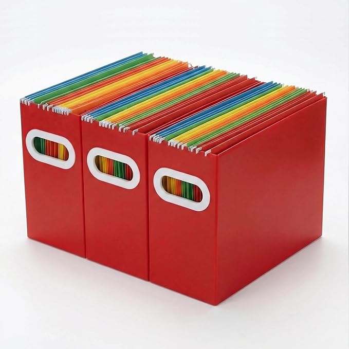 Hanging File Organizer Box, 3 Pack Red Cardboard File Folder Holder for Letter Size, Portable Desk Document Storage with Handles, for Office,Home,School