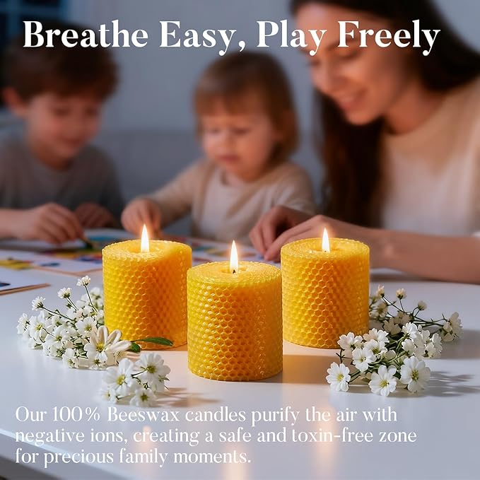 Beeswax Pillar Candles, 3x3 Inch -Set of 3 Hand-Rolled Honeycomb Candle - Long Burning 50+ Hours, Dripless Smokeless Unscented Handmade Beeswax for Home Decor, Prayer, Wedding,SPA