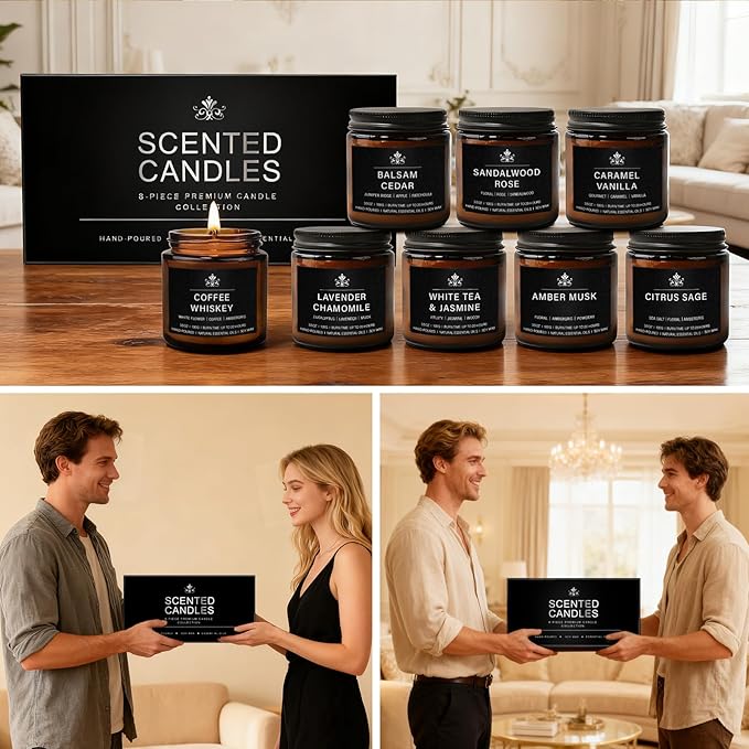 8 Pack Soy Wax Scented Candle Set - Lavender Chamomile, Citrus Sage, Amber Musk, Balsam Cedar, Coffee Whiskey - Long Lasting Aromatherapy Candles, Unisex Home & Gift Set