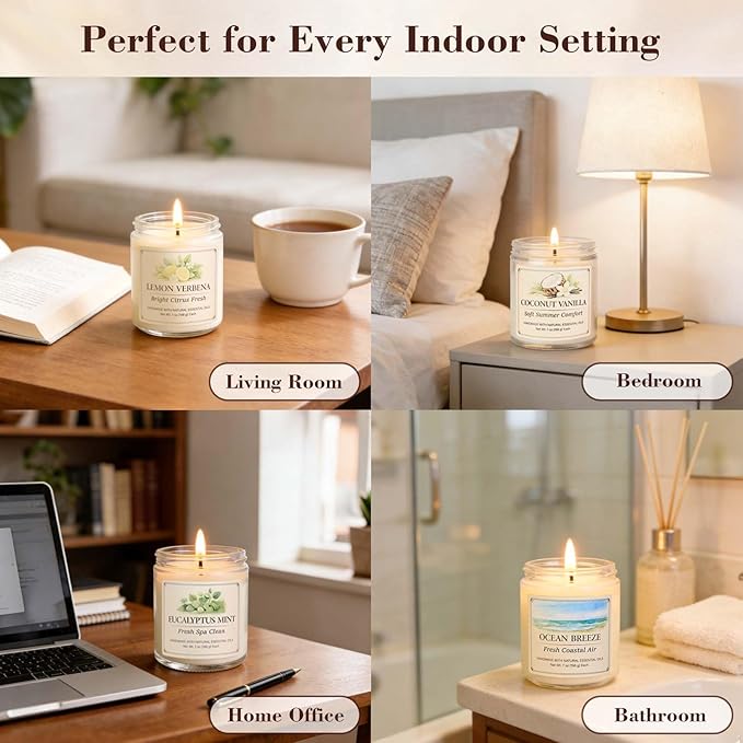 Scented Candle Gift Set, 6 Pack 7oz Natural Soy Wax Aromatherapy Candles, Coconut Vanilla Lemon Verbena Fresh Linen Scents, Long Burning Candles for Home Relaxation & Gifting