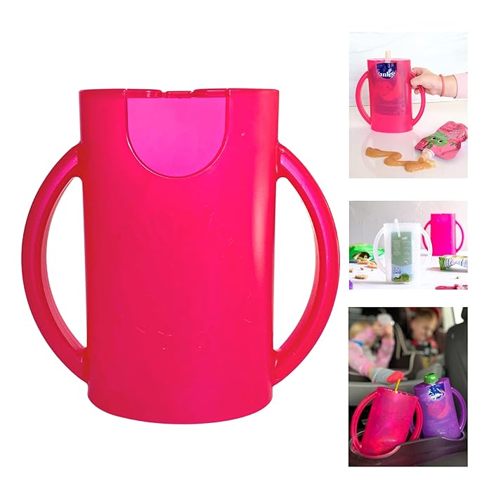 Flipping Holder Squeeze Proof Food Pouch Holder for Toddlers, Babies, Kids, Mess Free No Squeeze Juice Box Drink and Applesauce Snack Holder with Easy Grip Handles and Lid