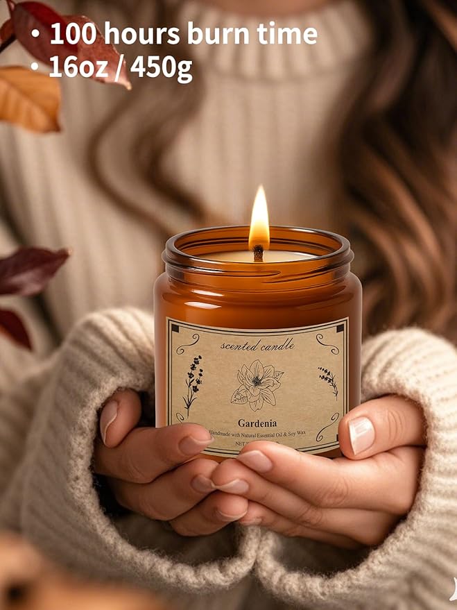 Scented Candles for Home, 16oz Soy Wax Candle, 100 Hour Burn Time, Gardenia Scented Candle for Men & Women, Highly Scented, Amber Glass Jar Candle as a Ideal Gift