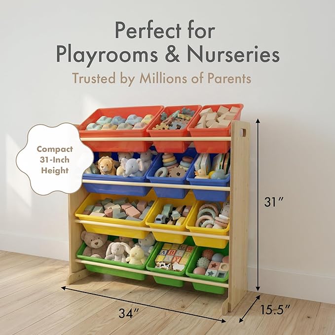 Humble Crew, Natural/Primary Kids' Toy Storage Organizer with 12 Plastic Bins, 34*35*15.5inch
