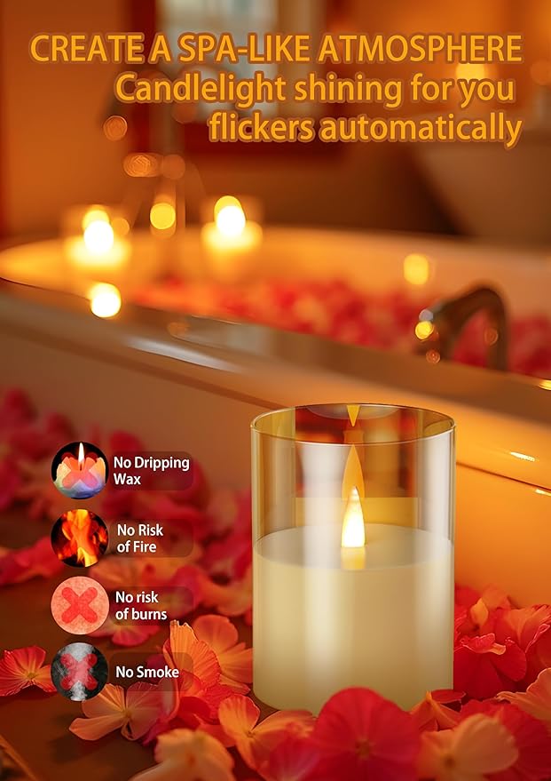 JMTONE Two Months Rechargeable Flameless Candle, Auto Switch On/Off, Rechargeable Glass Candle with Motion Sensor and Remote, Ideal Kids Adults for Home Living Room Decor, Ideal Gift for Women