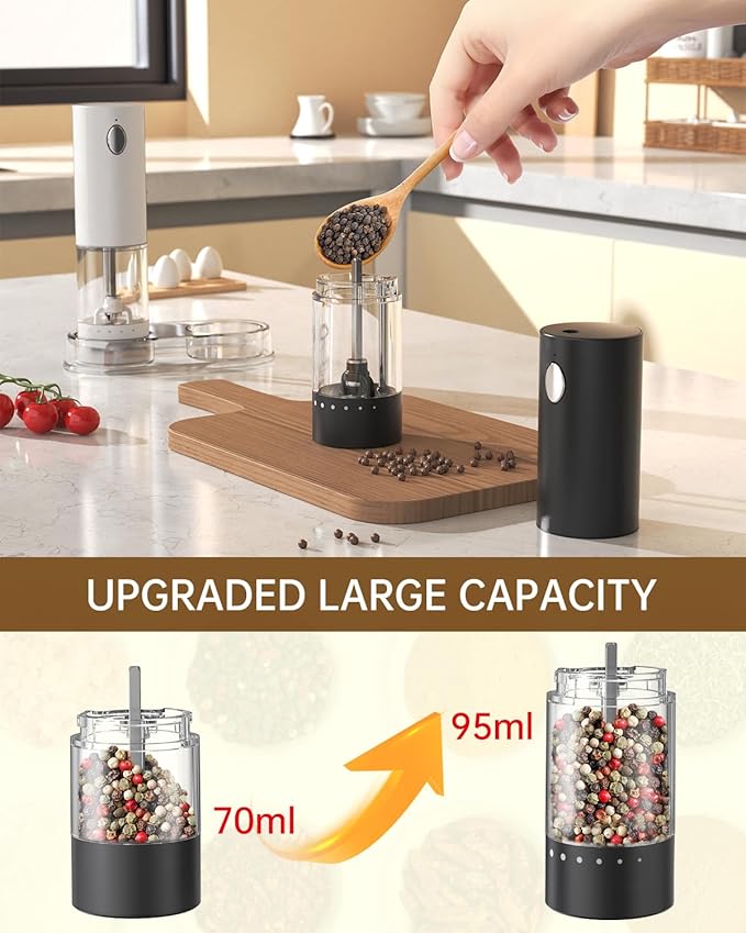 CIRCLE JOY Electric Salt and Pepper Grinder Set Rechargeable Salt and Pepper Mills with 6-Level External Adjustable Coarseness, White LED Light and Storage Base, Black & White