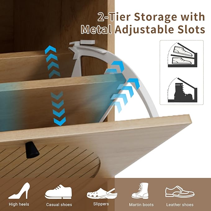 Fsbecl Shoe Storage Cabinet for Entryway with 4 Flip Drawers, Narrow Shoe Organizer with Fluted Panel, Freestanding Wood Hidden Shoe Cabinet (Wood Color, 4 Flip Drawers)