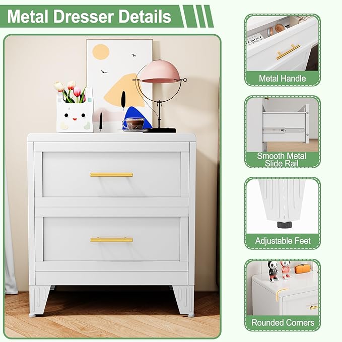 Ckzbx Metal Dresser Narrow Dresser for Bedroom Chest, 26.42" H Drawer Chest, Closet Dressers & Chests of Drawers for Living Room, Hallway (2 Drawers White 24inch Wide)