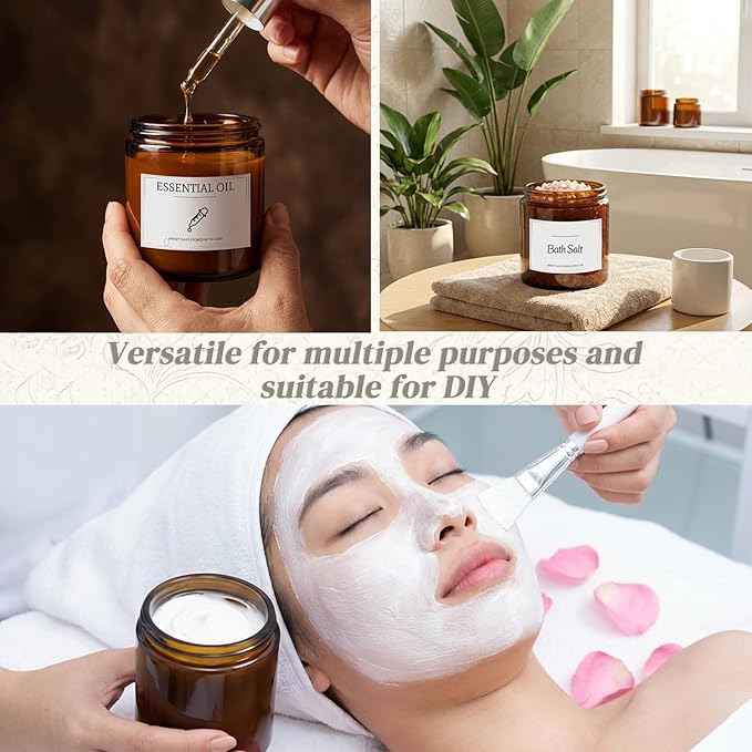 30 Pack 8 oz Candle Jars with Lids, Amber Glass Candle Containers with Black Metal Lids, Empty Round Glass Jars with 36 Custom Labels for Candles, Creams, Essential Oils & Clay Masks