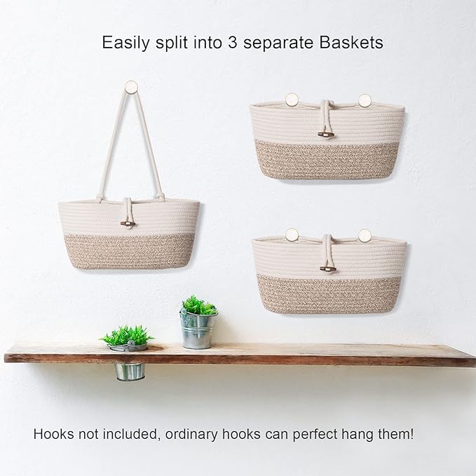 Over the Door Basket Cotton Rope Organizer, 3-Tier Wall Hanging Storage Basket, Closet Organizing, Decorative Baskets for Organizing Living Room—14.5“x7 (Apricot)