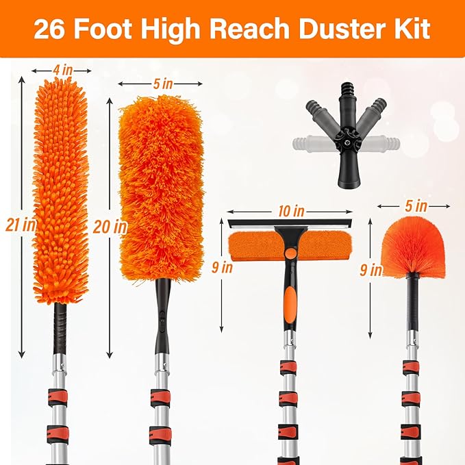 26FT High Reach Duster Cleaning Kit with 20FT Pole | 4-in-1 Tool Set with Universal Swivel Joint | High Ceiling Fan Cleaner, Microfiber Duster & Window Squeegee for Safe High-Reach Cleaning