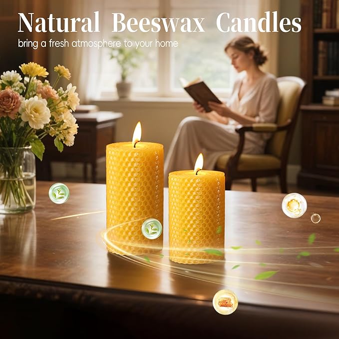 Pure Beeswax Pillar Candles,3 Pack Hand-Rolled Natural Beeswax Candles(1.77x3in,2x4in,2x6in) 60 Hours Burning Unscented Bees Wax Candle for Home,Smokeless&Dripless Pillar Candle for Meditation,Wedding