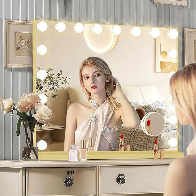 Ratsamee Gold Hollywood Vanity Mirror with Lights, 18 Dimmable Bulbs, 3 Color Lights,Make Up Lighted Mirror, Aluminum Metal Frame, USB Charging Port（32" x 24"）