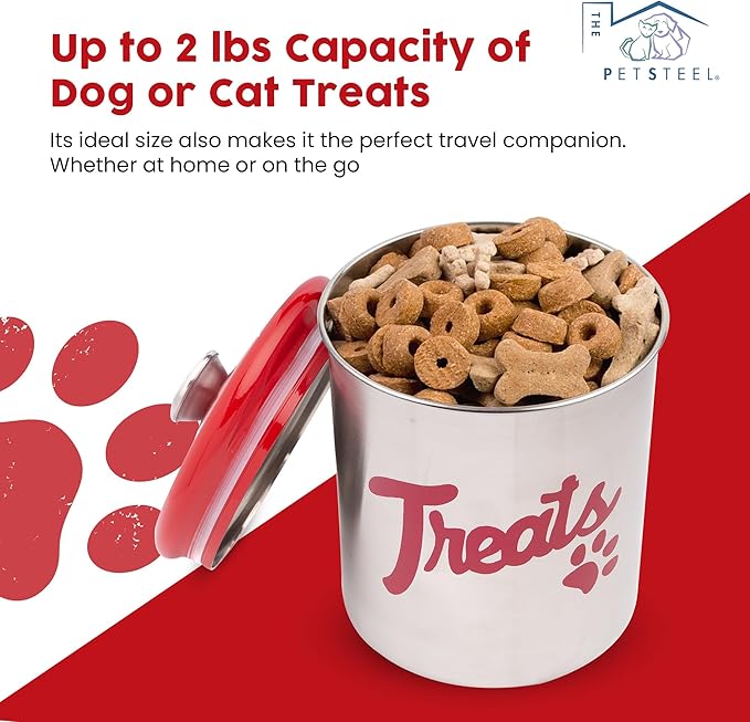 Stainless Steel Dog Treat Jar with Airtight Lids – Holds Up to 2 lbs – Pet Food Storage Bin for Dog & Cat Treats – Decorative & Durable Canister
