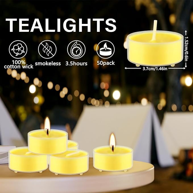 3.5-Hour 50Pack Citronella Tealight Candles, Outdoor and Indoor Summer Scented Candle,Natural Soy Wax Candle for Home Patio Garden Yard Balcony,BBQ Birthday Emergency.