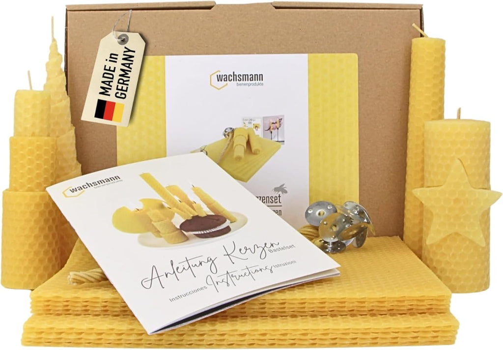 Wachsmann DIY Beeswax Candles Craft Set - Starter Set for 10 Candles in Many Colours - 100% Pure Beeswax from Germany, Includes 10 Hemp Wicks & Illustrated Instructions (English language not