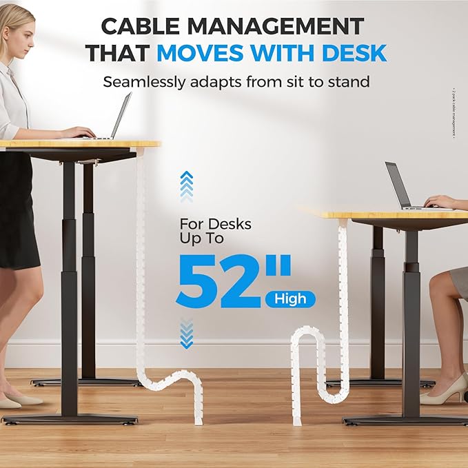 Cinati 52 Inch Vertebrae Cable Management, White Under Desk Vertebrae Cable Management Kit, Adjustable Length Wire Sleeve for Standing Desk, Cord Organizer for Office - 2 Way Mounting (Tape or Screw)