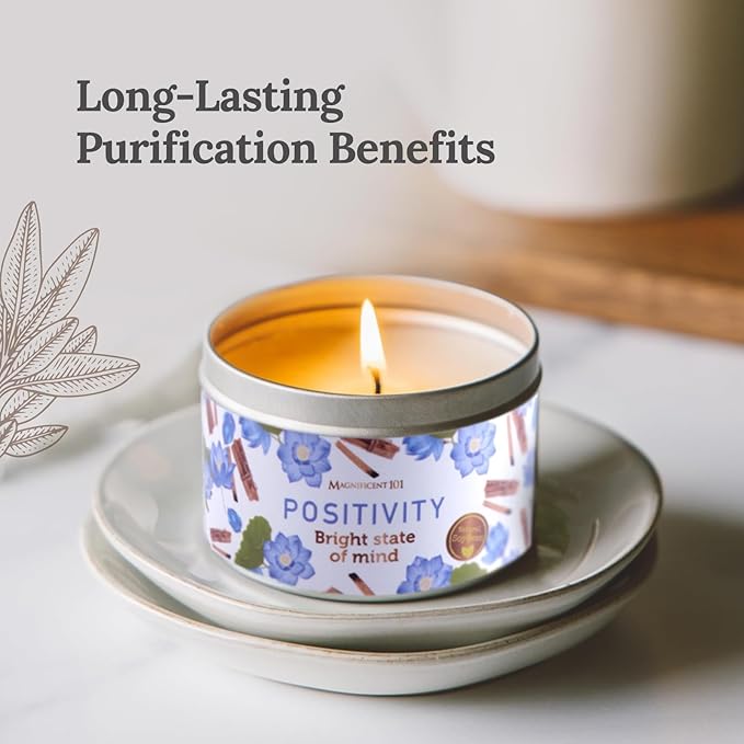 MAGNIFICENT 101 Positivity Aromatherapy Candle in 6-oz. Tin Holder: Soy Wax with Palo Santo & Lotus Flower Oils and Pure Sage Leaves for Intention Setting & Energy Cleansing