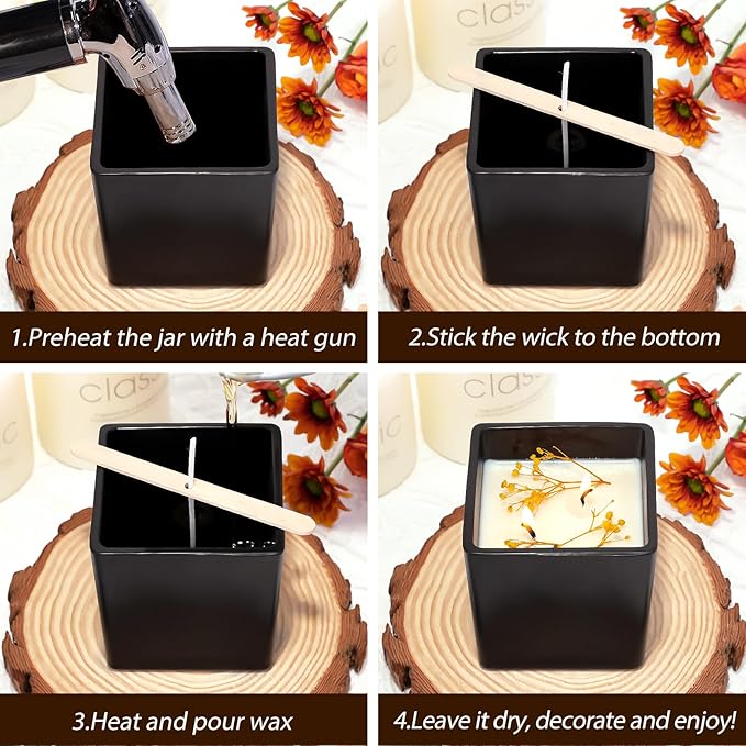 CONNOO 12 Pack 9oz, 3oz Matte Black Square Candle Jars for Making Candles, Thick Glass Bulk Empty Candle Containers with Airtight Bamboo Lids for Candle Making, Sticky Warning Labels - Dishwasher Safe