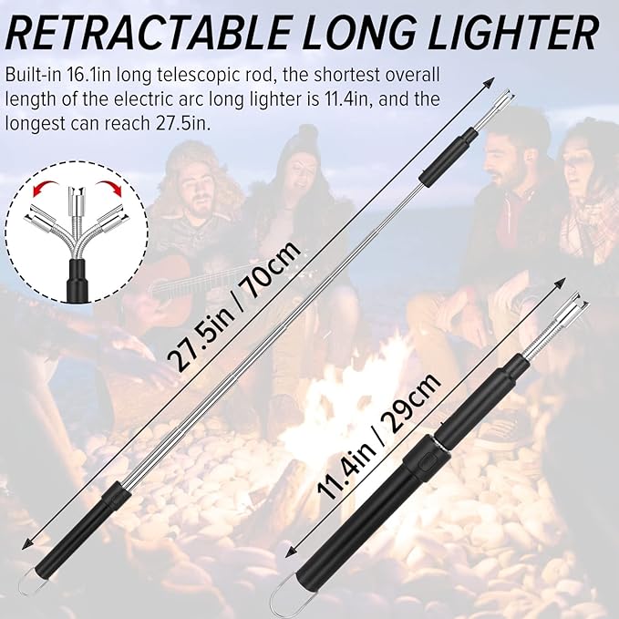 Electric Arc Lighter - Rechargeable Plasma Lighter with 11.4"-27.55" Adjustable Neck, Windproof & Flameless for Candles, Fireplaces, Fire Pits (Black)