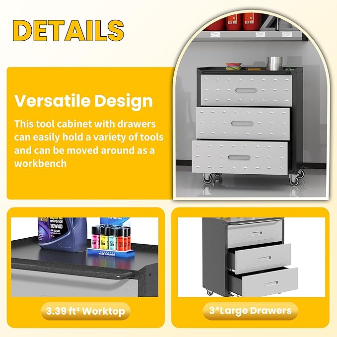Garage Storage Cabinets with Wheels, Locking Metal Storage Cabinets with 3 Drawers, Easy Assembly Rolling Tool Cabinet for Garage, Basement,Warehouse
