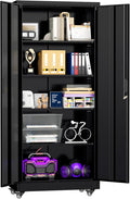 Superday 73" Metal Storage Cabinet with Wheels, Lockable Steel Utility Cabinet with 2 Doors and 4 Adjustable Shelves, Rolling Storage Cabinets for Garage, Home Office, Kitchen Pantry, Black