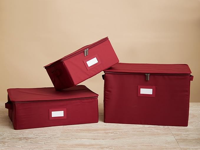 Covermates Cup and Mug Storage Box with Dividers, Stackable Organizer for Coffee Mugs & China Cups, Heavy-Duty Polyester with Handles, Zipper Closure & ID Window, Scarlett Red