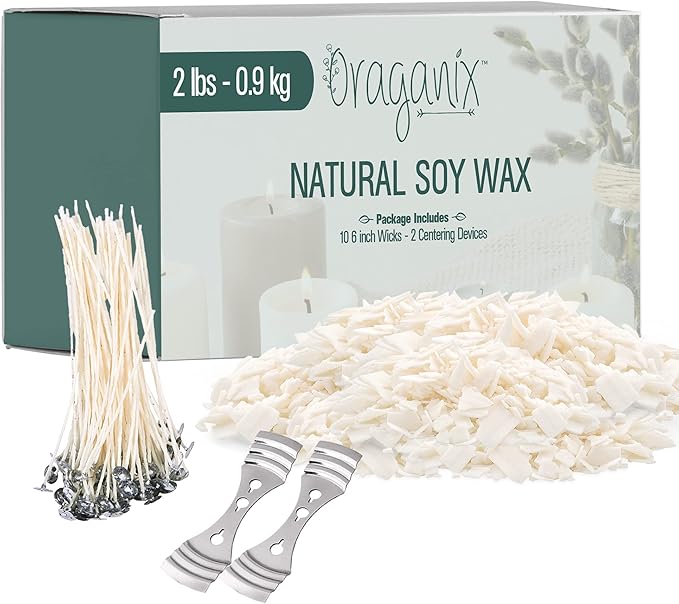 Oraganix Natural Soy Wax DIY Candle Making Kit and Candle Making Supplies - 2 lbs Premium Soy Candle Wax, 10 6-Inch Pre-Waxed Candle Wicks, 2 Metal Centering Devices - Candle Making Kit for Adults
