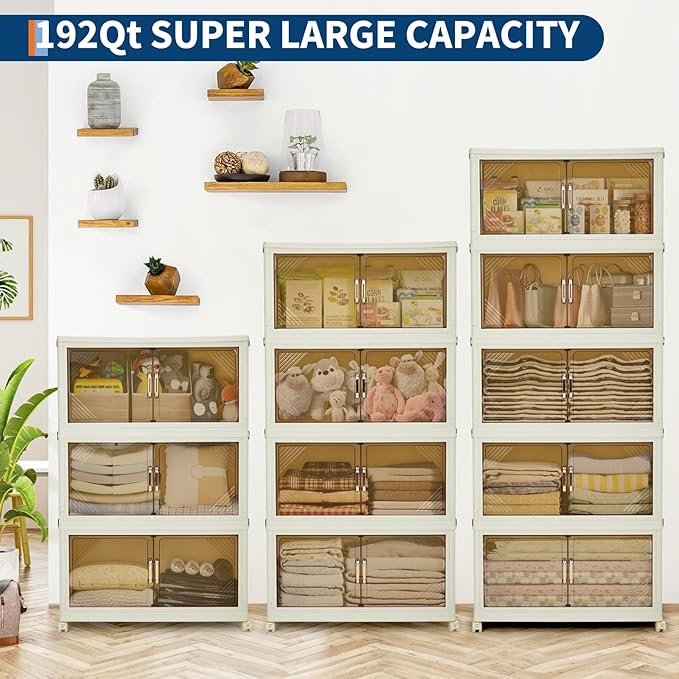 Garvee 192QT Stackable Storage Bins, Plastic Bins for Storage with Lids, Plastic Storages Drawers with Magnetic Doors & Wheels, Foldable Collapsible Closet Organizers for Home, Dorm, Office, White