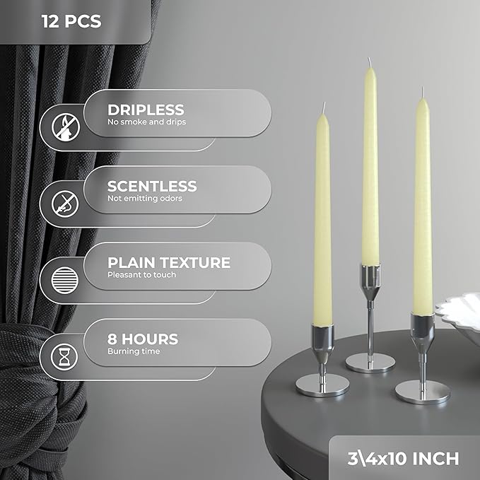 CANDWAX 10 inch Tapered Candles - Set of 12 Pearl Unscented Dripless Candlesticks - Perfect for Dinner - Ivory Candle