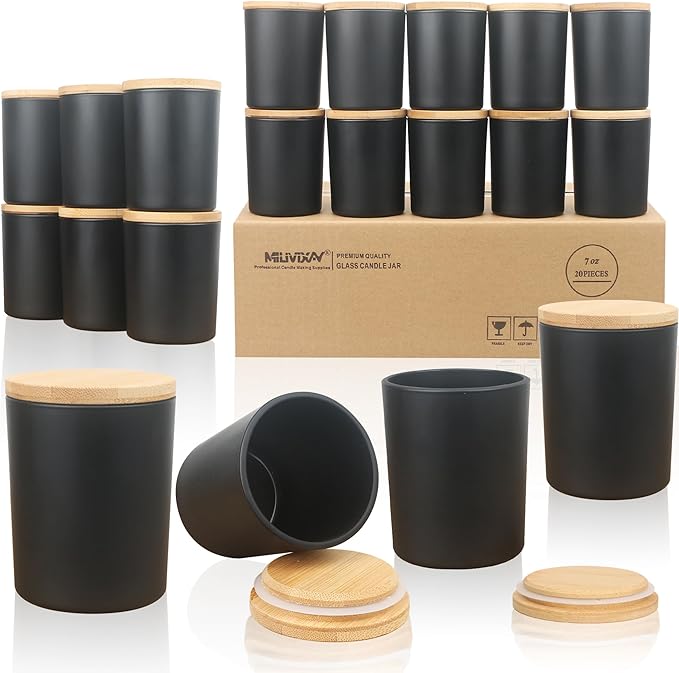 MILIVIXAY 20 Pack 7 OZ Matte Black Thick Glass Candle Jars with Lids - Bulk Empty Candle Jars for Making Candles - Spice, Powder Containers.