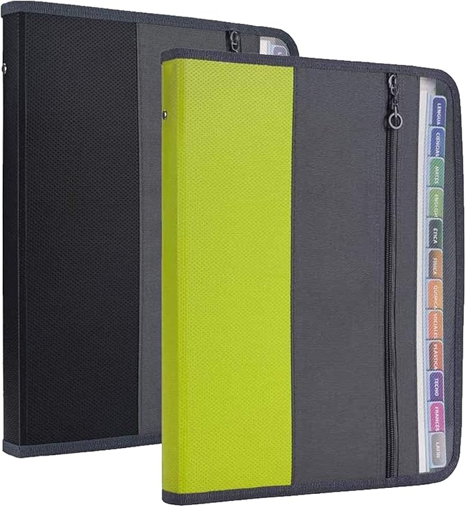 NAFY Expanding File Folders, 2Pack 13 Pockets Document Organizer with Zipper, A4 Letter Size Portable Accordion Expanding File Folders with Multicolor Labels for Office School Supplies (Black+Green)