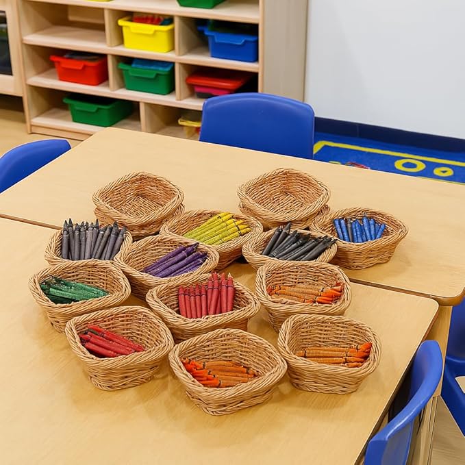 Constructive Playthings Plastic Wicker Baskets for Storage in Educational or Home Setting, Stores Toddler Toys, Keys, Jewelry and Classroom Supplies, Stackable, Set of 12 Woven Baskets