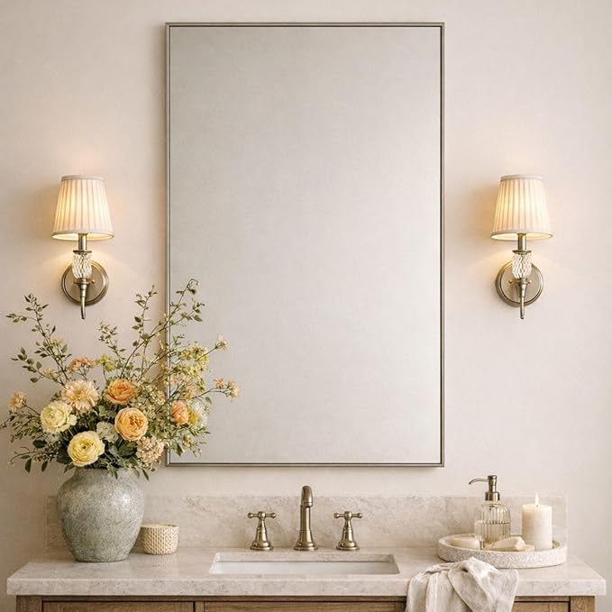 TEHOME Brushed Nickel Bathroom Vanity Mirror with Squared Corners, 24x40'' Silver Rectangle Stainless Steel Metal Framed Mirror for Bathroom