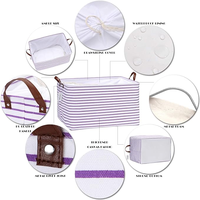 Hinwo 70L Extra Large Storage Bins, Closet Organizers and Storage, Foldable Clothes Storage Baskets with Handles, Containers for Clothing, Blanket, Comforters, Toys, Bedding (Purple Stripe)