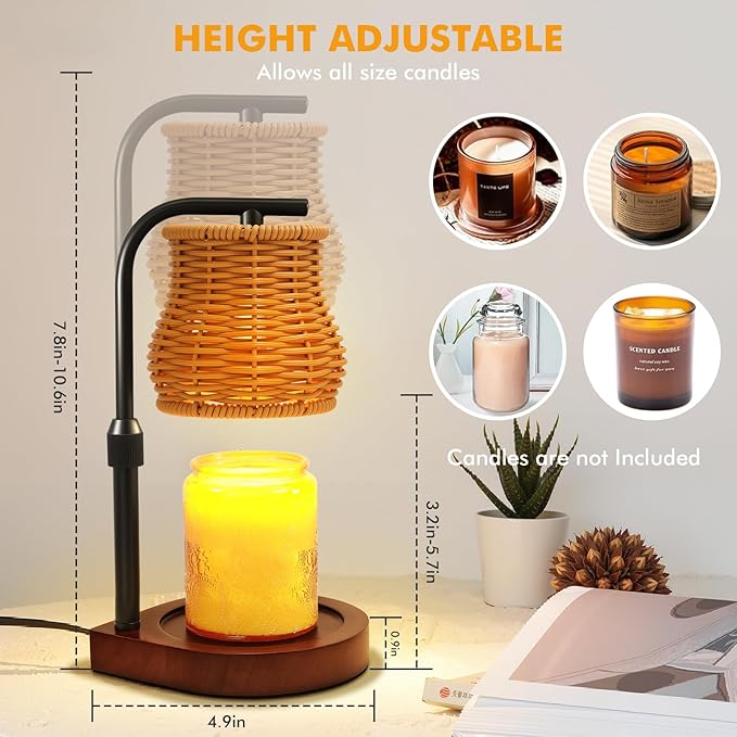 Candle Warmer Lamp with Timer & Dimmer - Electric Wax Melt Warmer with Adjustable Height for Scented Candles, Rattan Design for Home Decor, Ideal Gift for Women, Housewarming (Gold)