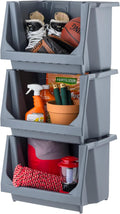 IRIS USA Open Front Storage Bins, Large - 3 Pack, Heavy Duty Garage Storage, Stackable Storage Bins, Tools Hose Household Product Sporting Goods, Wide Open Front, Interlocked Secure Stacking, Gray