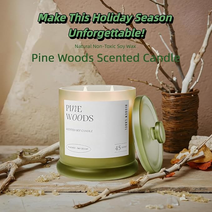 Hidden Label Pine Woods Scented Candle, 13oz Double Wick Soy Wax Candles for Home Scented, Fresh Christmas Tree & Balsam Fir Aroma | 45H Clean Burn Holiday Candles for Winter Decor & Gifts for Women