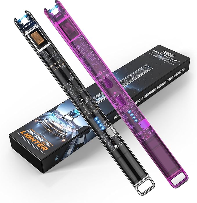 KTEBO 2 Pack Electric Candle Lighters - 7.4 inch Long USB Rechargeable Plasma Arc Lighter with Safety Lock, Windproof Lighter for Candles, Grill, Camping - See-Through Tech Design, Stocking Stuffers