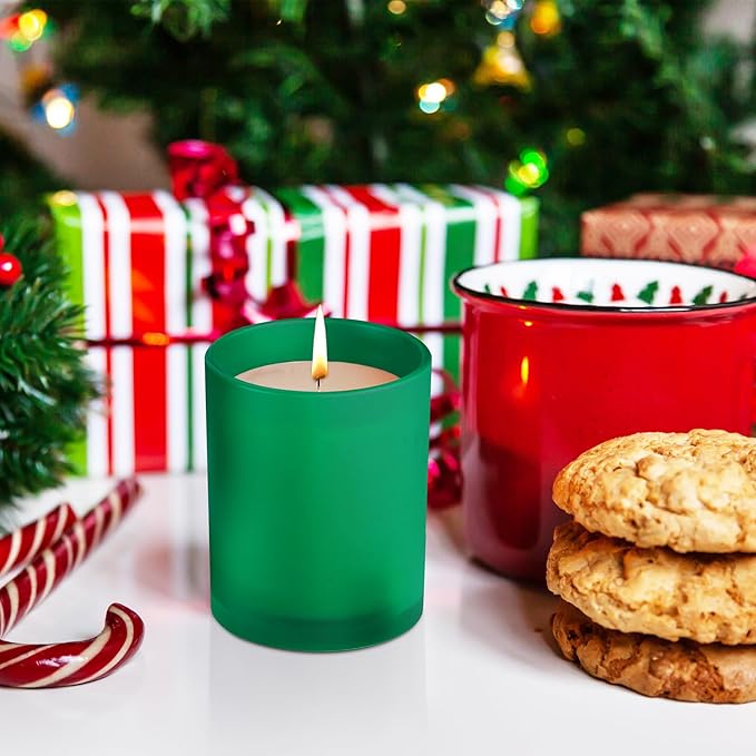 SHOWIN 12 OZ Thick Candle Jars for Making Candles 12 Pcs, Empty Jars with Wood Lids for Spice Jars, Sample Container, Frosted Green