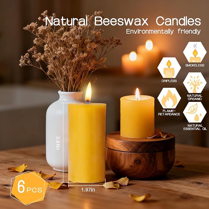 6-Pack Beeswax Pillar Candles, Seasonal Celebration Candles, 2x4in 100% Pure Organic, Total 120H Long Burning, Unscented Dripless Smokeless for Home, Prayer, Parties