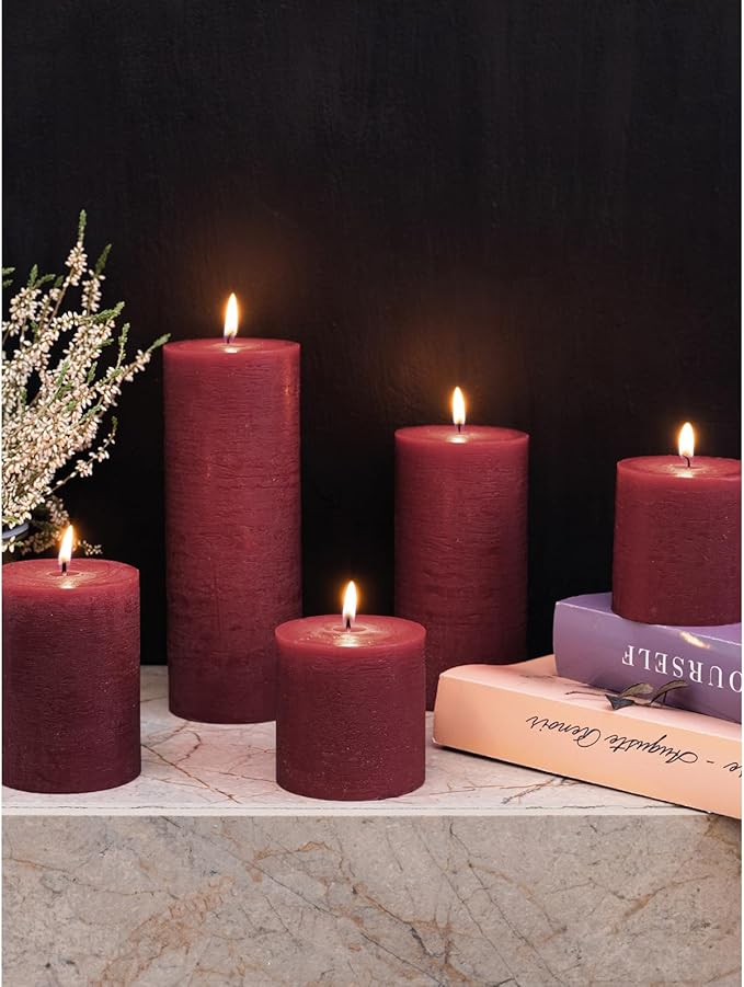 CANDWAX 3x3 Pillar Candles Set of 3 - Rustic Unscented No Drip Burgundy Candles for Home Decor, Weddings, Centerpieces