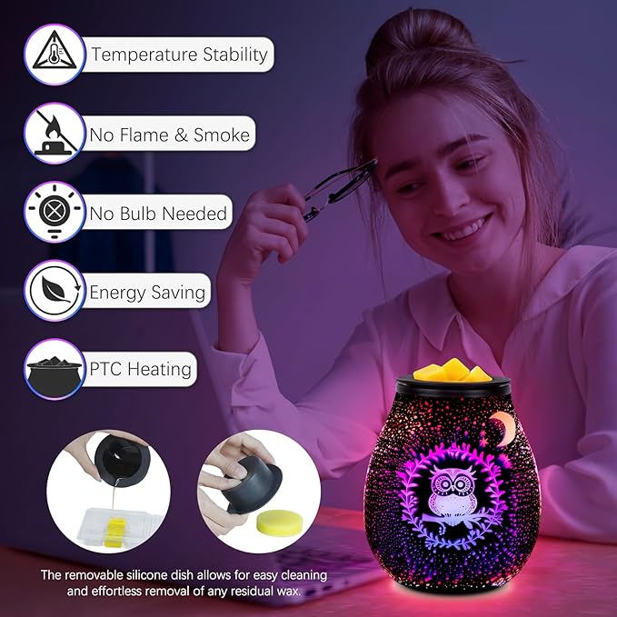 EQUSUPRO Wax Melt Warmer Wax Melter Wax Burner for Scented Wax Melts Electric Fragrance Warmer for Wax Cubes & Tarts, Vivid 3D Design 7 Colors LED Light Gift & Decor for Home Office Studio (3D Owl)