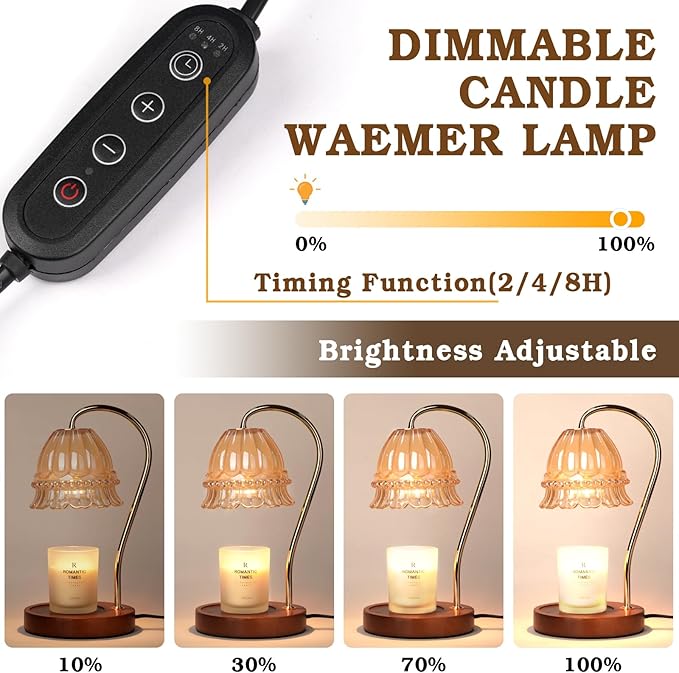Funistree Glass Candle Warmer Lamp with Timer, Flower Candle Lamp, Birthday Gifts for Women, Mom, Female Friend, Candle Lamp Warmer Gifts, Electric Dimmable Candle Warmer, Vintage Home Decor, Amber